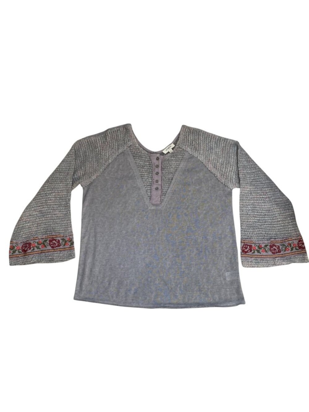 Umgee Grey Thermal Waffle Knit Floral Embroidered Bell Sleeve Henley Top S